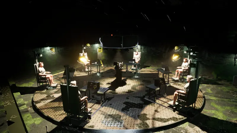 Overhead view of the Bassefogne room: six electric chairs in a ring around a central turret, lit by hanging lamps.