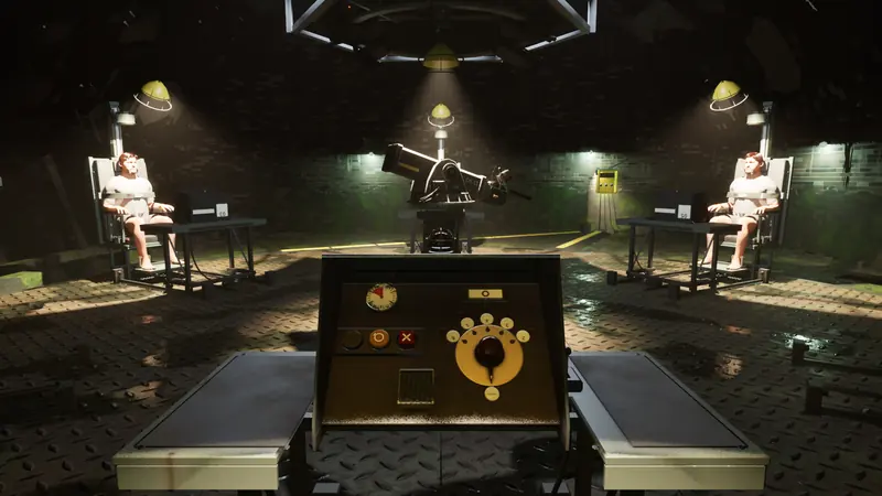 First-person view from a seat: the brass target dial and console on the desk, other contestants strapped in across the room.
